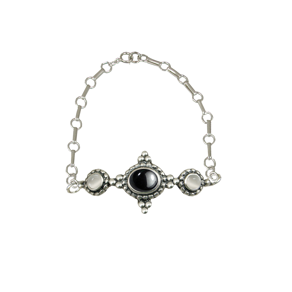 Sterling Silver Gemstone Adjustable Chain Bracelet With Hematite And White Moonstone